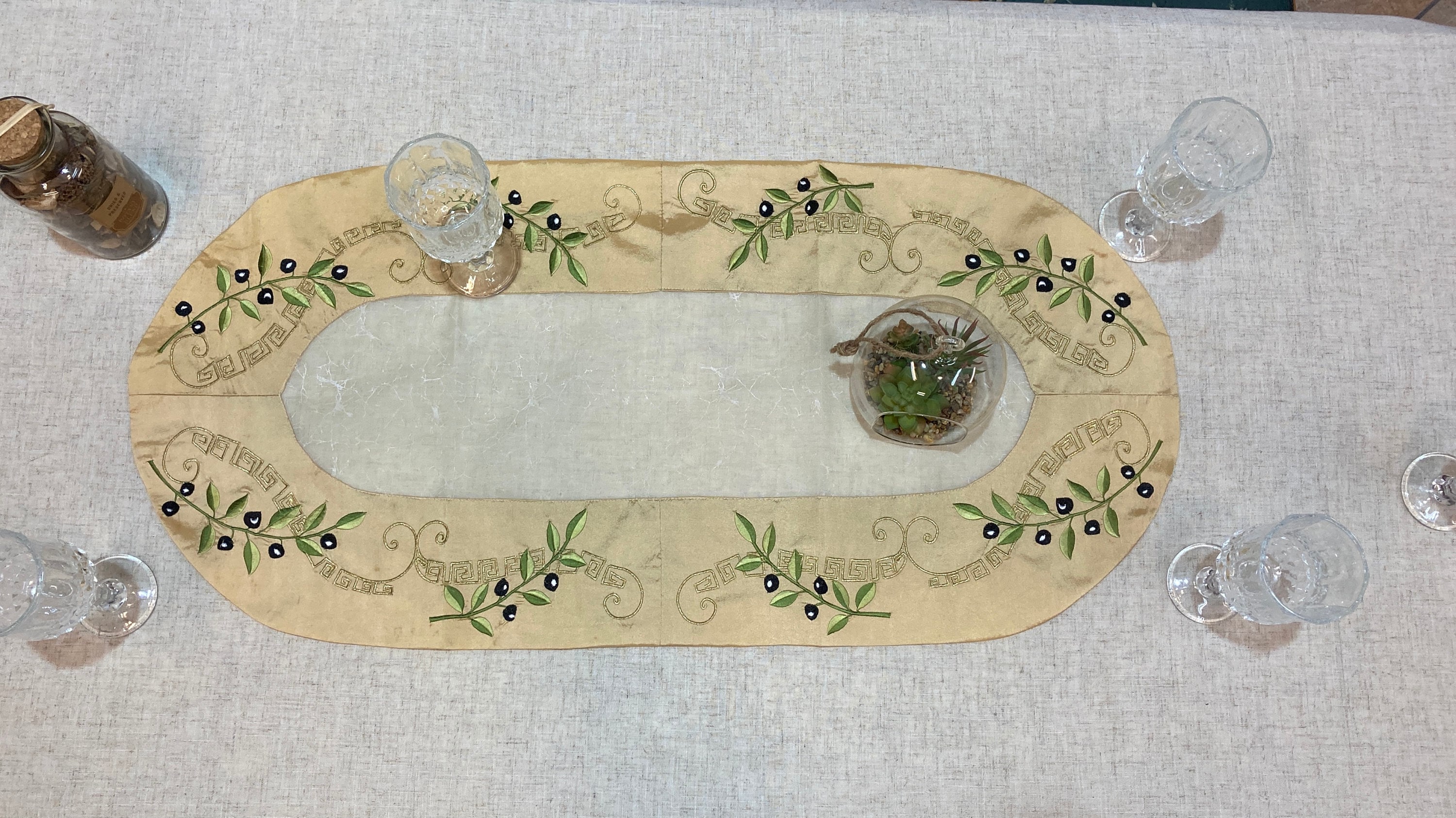 Oval table runner with embroidered olives and greek designs gold colour material,free register shipping with tracking number.