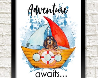 Dachshund (or Any Dog) "Adventure Awaits" SAILBOAT Wall Art Print UNFRAMED Sailing Boat, Dog Lover, Dog Mom