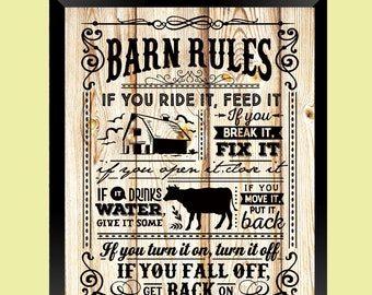 BARN RULES. UNFRAMED Wall Art Print Farmhouse Country Ranch Western "House Rules" Decor