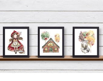 Set of 3 Little RED RIDING HOOD Unframed Wall Art Prints Nursery Baby Bedroom Fairy Tale