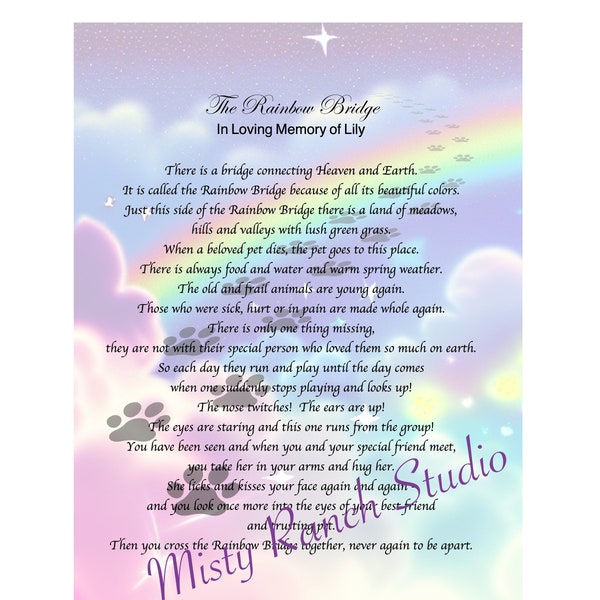 Pet Memorial Poem RAINBOW BRIDGE Personalized with Your Pet's Name, Art Print Gift Dog, Cat or any pet...UNFRAMED