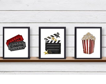 Set of 3 Family Movie Night Unframed Wall Art Prints for Game Room Movie Room