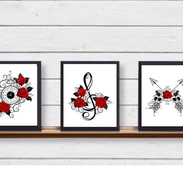 Set of 3 GOTH GOTHIC Black and Red Roses Unframed Wall Art Prints Music Clock Arrows