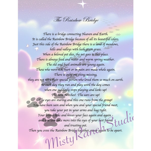 DIGITAL Printable "Rainbow Bridge Poem" DOG, CAT, Pet, Memorial Poem, Sublimation, Digital Design, 300DPI,  Png Jpeg, Instant Download, Gift