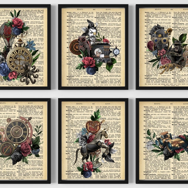 Set of 6 Steam Punk Funky Mechanical Vintage Dictionary Art Prints Unframed 8" x 10"