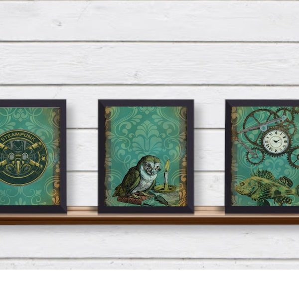 Set of 3 Steampunk Funky Gears Electric Eclectic Wall Art Prints UNFRAMED Owl, Fish