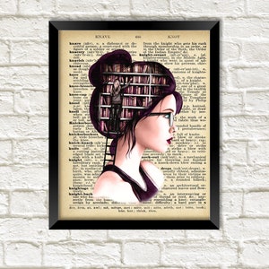 Girl With Books in Her Head UNFRAMED Vintage Dictionary Page Wall Art Print Original Patina