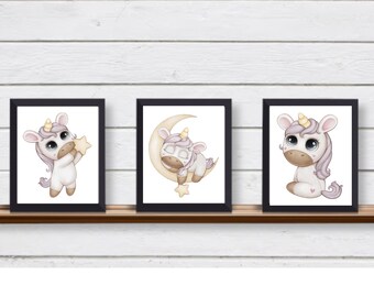 Set of 3 UNFRAMED Wall Art Prints Baby Unicorns Dreams for Nursery or Girl's Bedroom, Classroom or Homeschool.