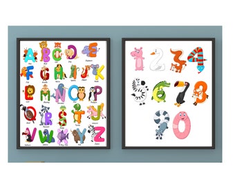 Set of 2 LETTERS and NUMBERS Animals Unframed Wall Art Prints for the Nursery,  Boy's or Girl's Bedroom, Classroom or Homeschool.