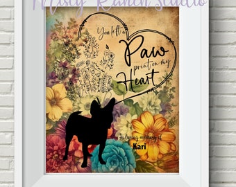 Dog Memorial Print "You Left a Paw Print on My Heart" Personalized UNFRAMED In Memory of, Rainbow Bridge Pet Art