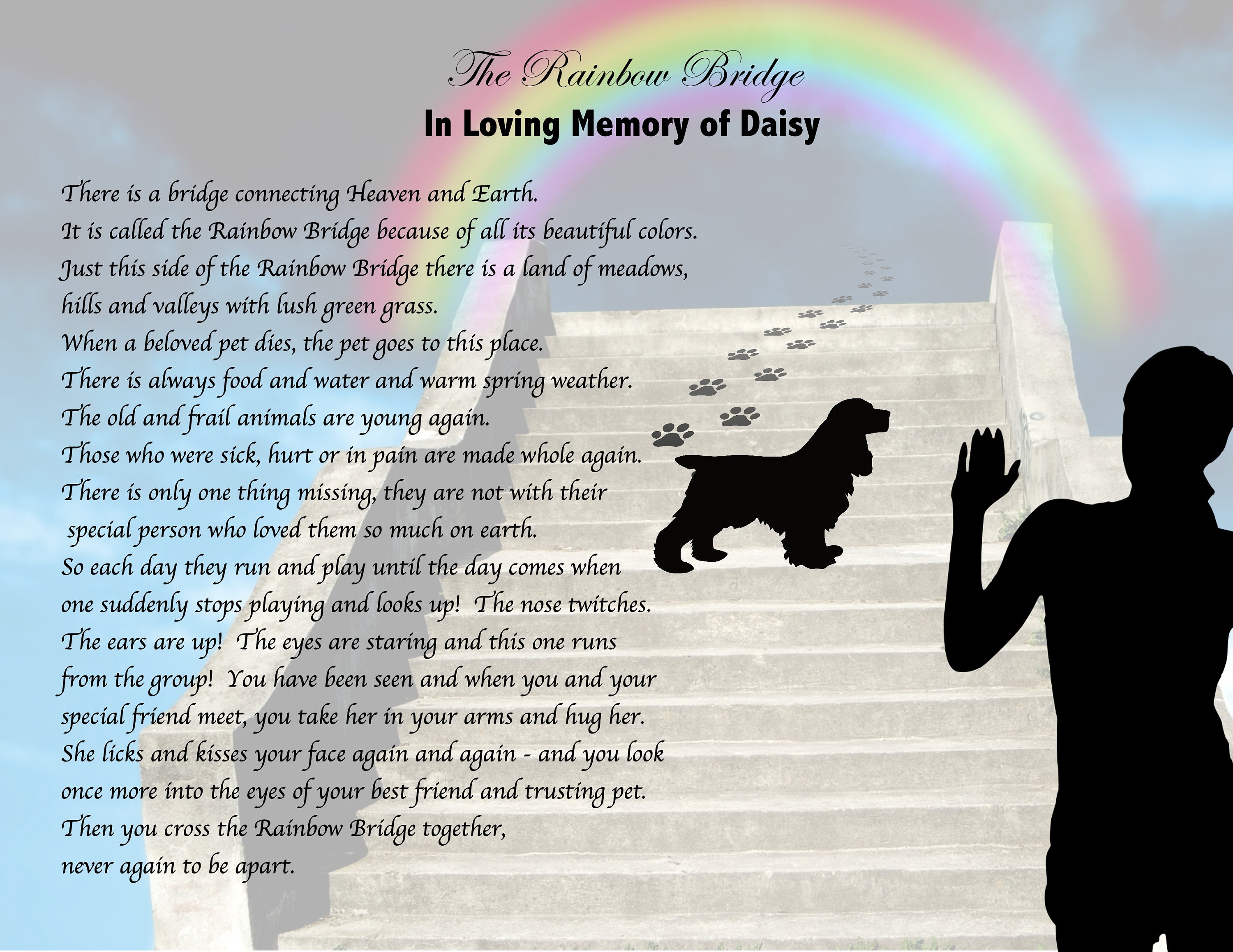 Your DOG'S BREED Pet Memorial Poem Rainbow Bridge Waving to Dog, Dog's