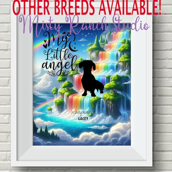 Your DOG'S BREED - UNFRAMED "My Little Angel" Art Print, Pet Memorial, Rainbow Bridge, Dog's Stairway to Heaven Personalized Gift