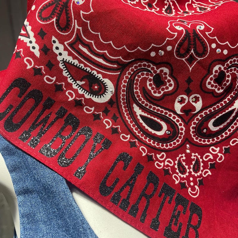Custom personalized bandana COWBOY CARTER rhinestones customize, red, white blue black glitter handkerchief, scarf sash cowboy carter sash
