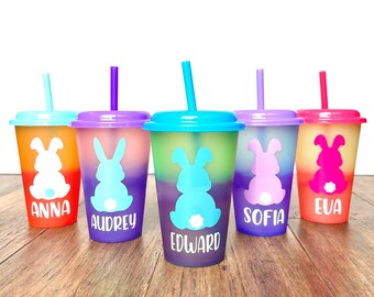 Easter kids cups 12oz, Bunny easter cups, fun cups for kids, kids cups with straws, personalized cups, cups for baskets.