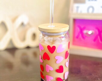 Valentine's Day Hearts Glass Iced Coffee Cup with Bamboo Lid & Glass Straw