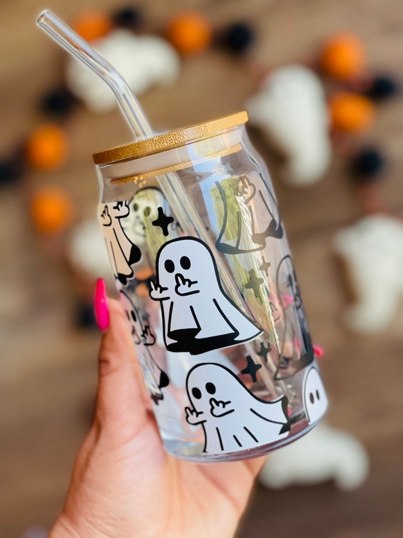 Halloween GLASS Iced Coffee Cup 16oz With Bamboo Lid and Glass Straw,  Middle Finger Ghosts Glass Cups, Freak in the Sheets, Spooky Babe 