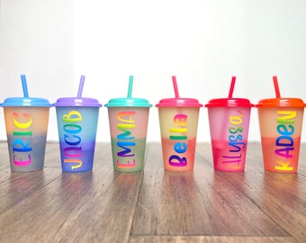 Personalized Colorful Rainbow Glitter 12oz color changing cups, fun cups for kids, party favors. Cups for summer.