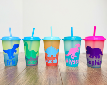 Personalized Dinosaurs 12oz Color changing cups, fun cups for kids, party favor cups. Valentines Day cups, Easter Basket fillers.