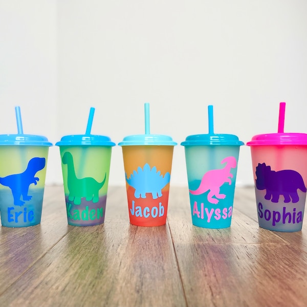 Personalized Dinosaurs 12oz Color changing cups, fun cups for kids, party favor cups.