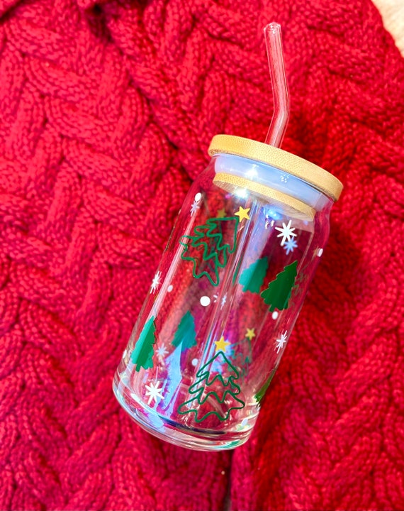 Holiday GLASS Iced Coffee Cup 16oz With Bamboo Lid and Glass Straw, Cups  for Parties and Stocking Stuffers, Gifts for Family and Friends 