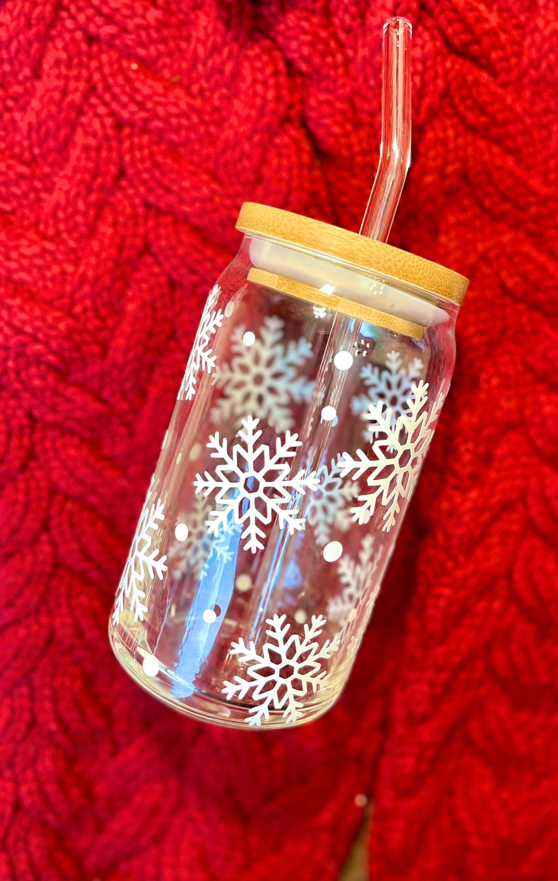 Holiday GLASS Iced Coffee Cup 16oz With Bamboo Lid and Glass Straw, Cups  for Parties and Stocking Stuffers, Gifts for Family and Friends 