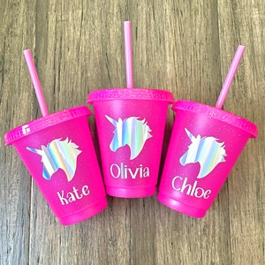 Personalized Unicorn glitter 16 oz cold cups, Party favors cups, summer cups. Cups for girls.