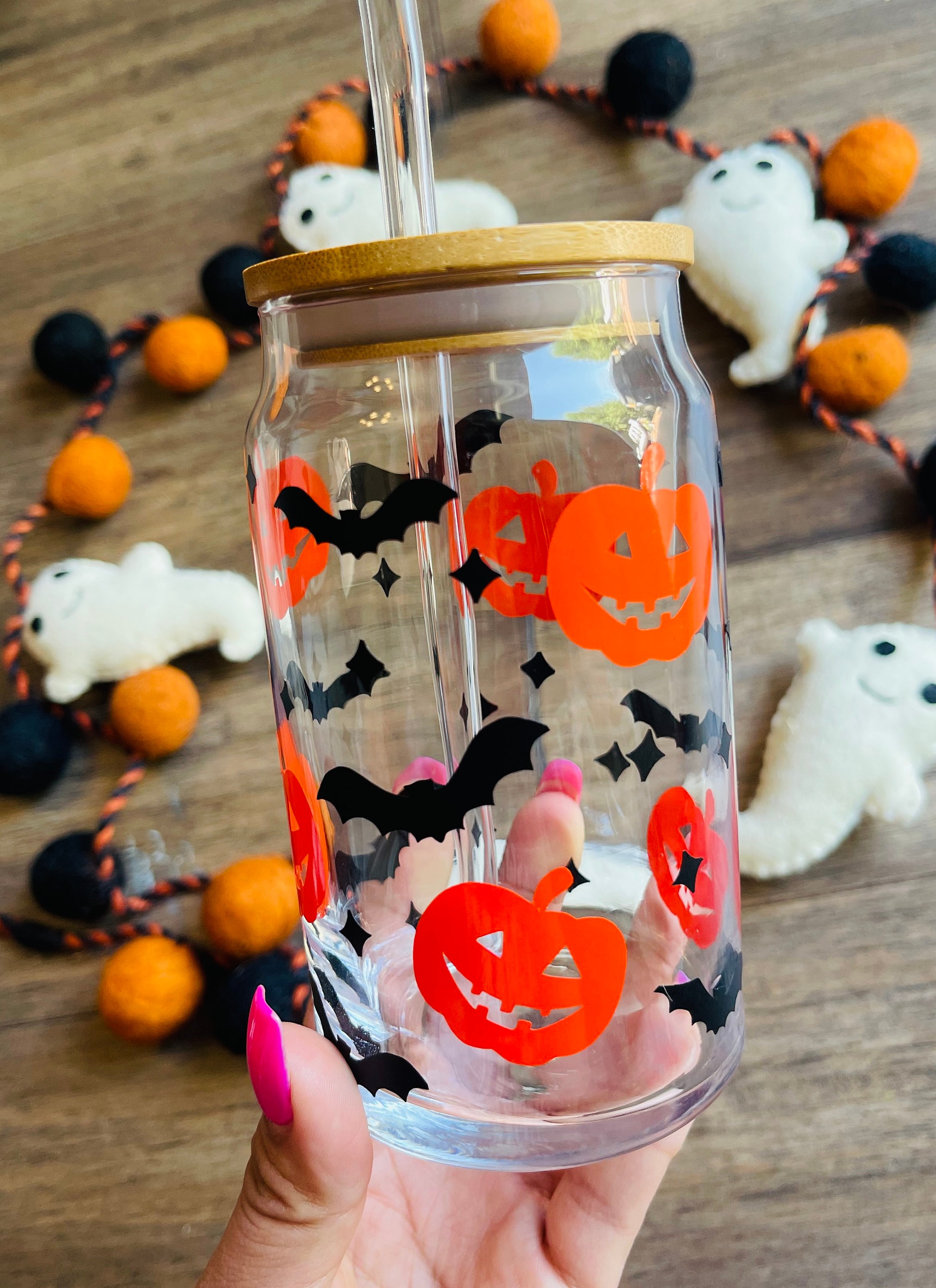 Halloween GLASS Iced Coffee Cup 16oz With Bamboo Lid and Glass Etsy
