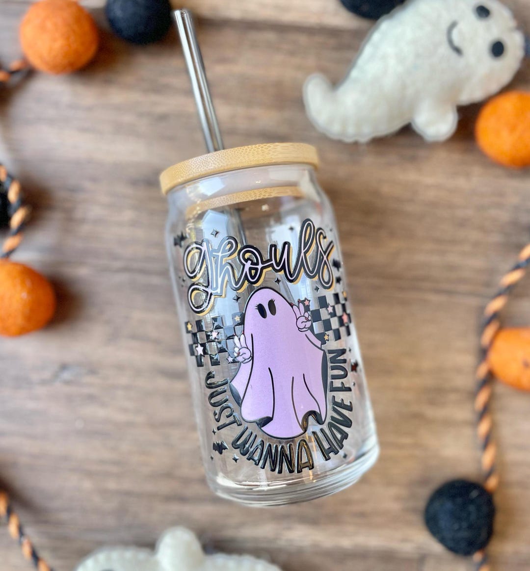 Halloween Iced Coffee Cup: 16oz Glass With Bamboo Lid & Straw - Etsy