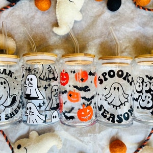 Halloween GLASS Iced Coffee cup 16oz with Bamboo Lid and Glass straw, Middle Finger Ghosts glass cups, Freak in the Sheets, Spooky Babe