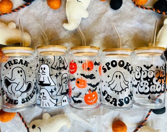 Halloween GLASS Iced Coffee cup 16oz with Bamboo Lid and Glass straw, Middle Finger Ghosts glass cups, Freak in the Sheets, Spooky Babe