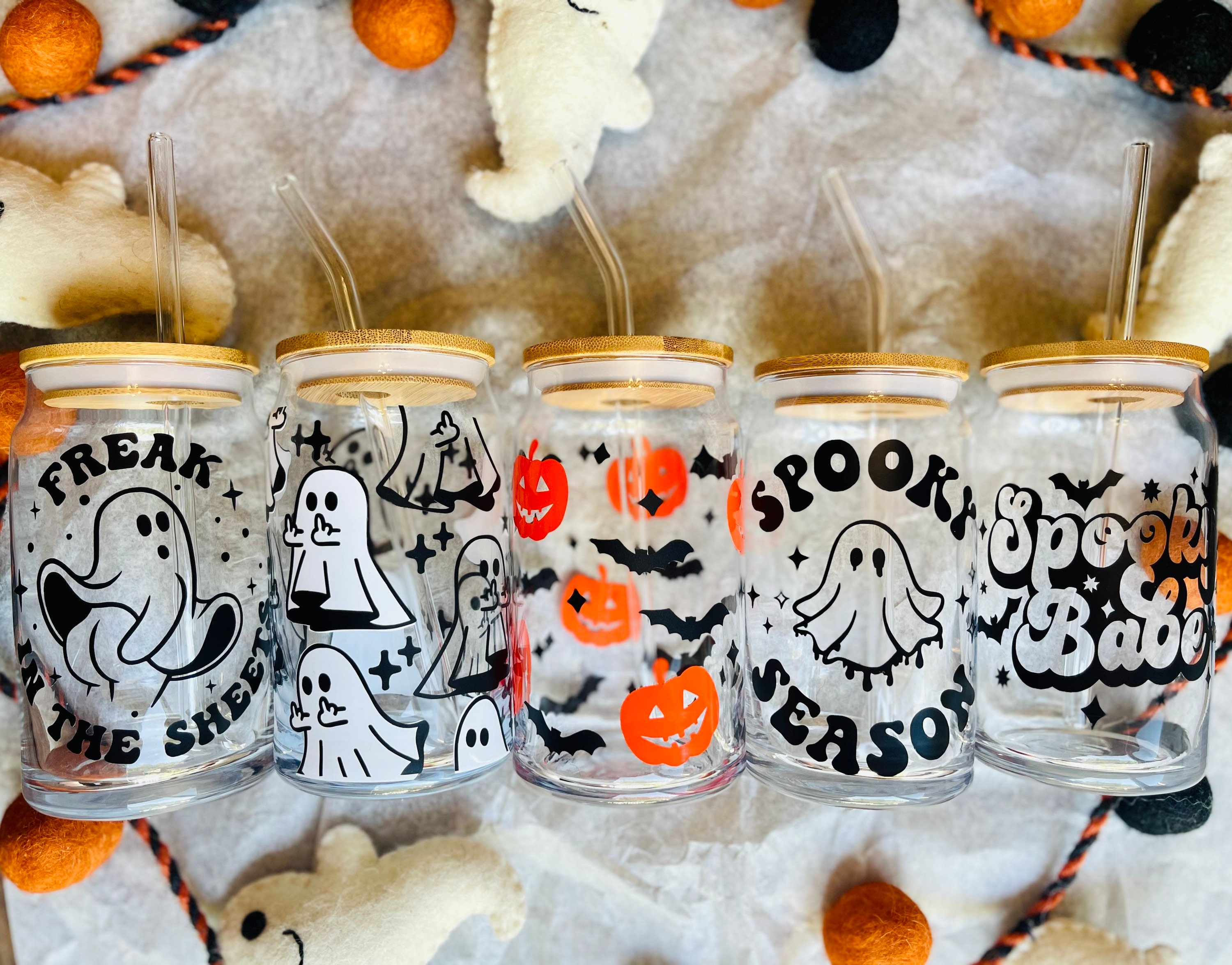 Coolife Ghost Halloween Cup, 16 Oz Can Shaped Tumbler Glass Cups W/Bamboo Lids  Straws - Spooky Iced Coffee Cup, Smoothie Cup, Cute Halloween Gifts Fo