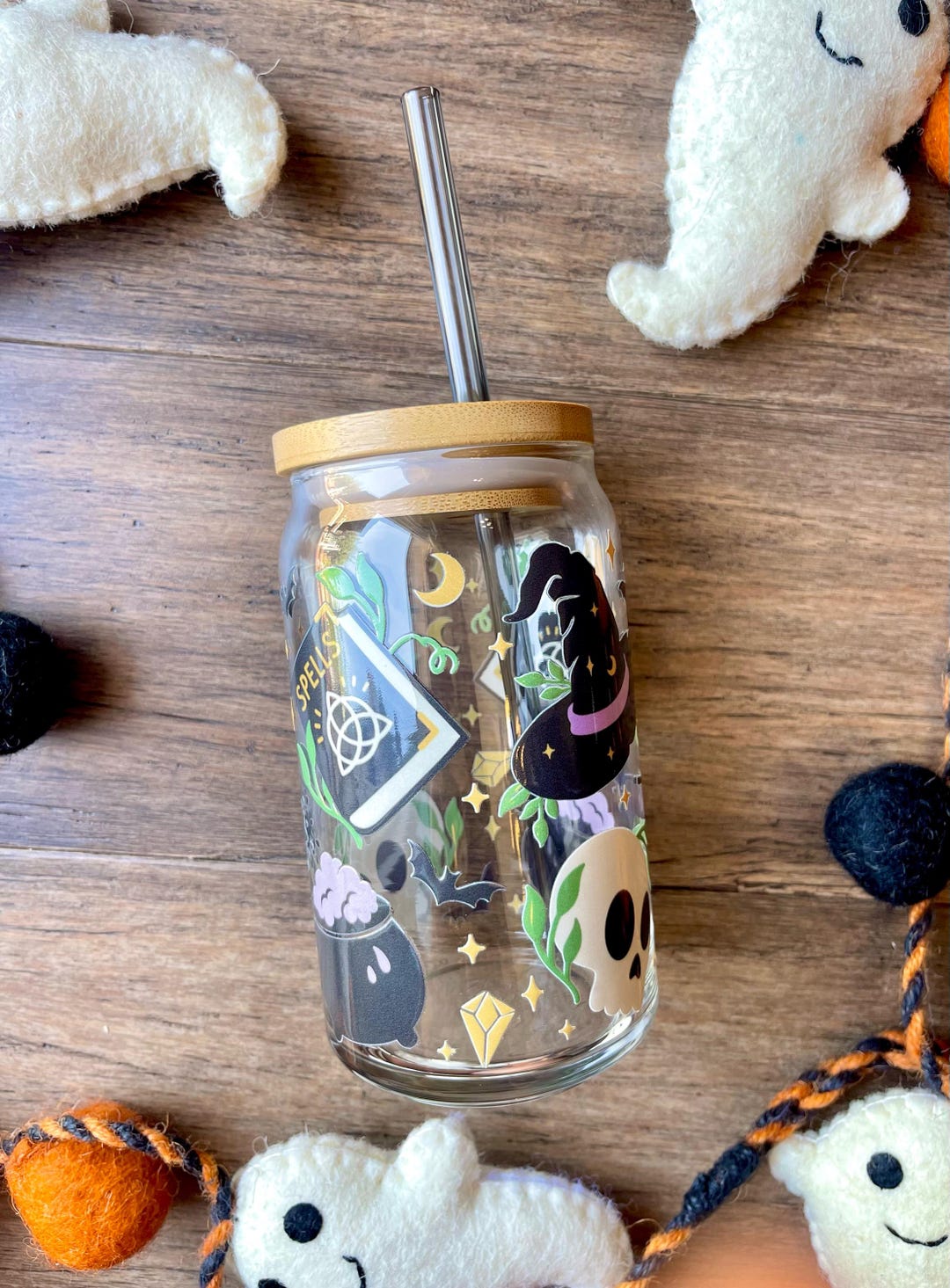 Witch Hat Spell Book Glass Iced Coffee Cup With Bamboo Lid - Etsy