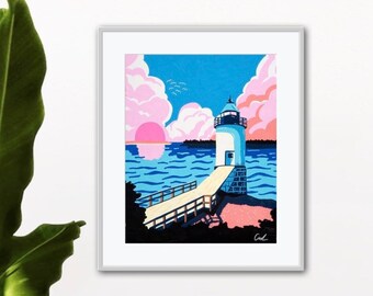 Maine Lighthouse Art Print / Acadia Artwork / Maine Wall Art / Coastal Home Decor / Ocean Sunset Poster / Acrylic Giclee