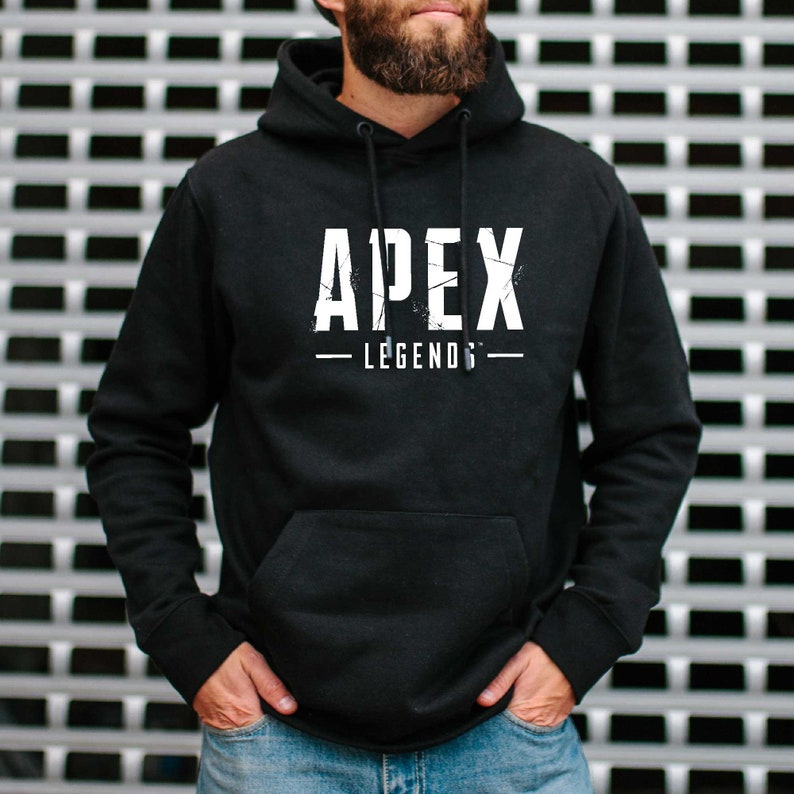 May include: Black hooded sweatshirt with a white graphic print of the text "Apex Legends".