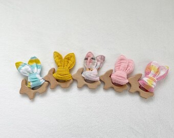 Baby Teether, Bunny Ear Teether, Baby Teething Ring, Baby Toy, Easter Basket Stuffer, Baby's First Easter, Wood Teether, Baby Shower Gift