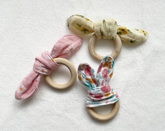 Bunny Ear Teethers for Baby's 1st Easter, Baby Teether, Easter Basket Stuffer,  Wooden Baby Toys, Natural Baby Teether, Baby Teething Toy