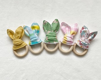 Baby Bunny Teether, Baby's First Easter, Baby Teething Ring, Baby Toy, Easter Basket Stuffer, Wooden Teether, Bunny Ear Teether, Easter Baby