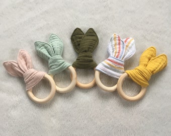 Baby Teether, Bunny Ear Teether, Baby Teething Ring, Wood Teething Ring, Gauze Fabric Teether, Gender Neutral, Baby Shower Gift, Natural Toy
