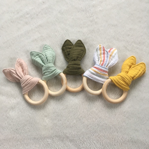 Baby Teether, Bunny Ear Teether, Baby Teething Ring, Wood Teething Ring, Gauze Fabric Teether, Gender Neutral, Baby Shower Gift, Natural Toy