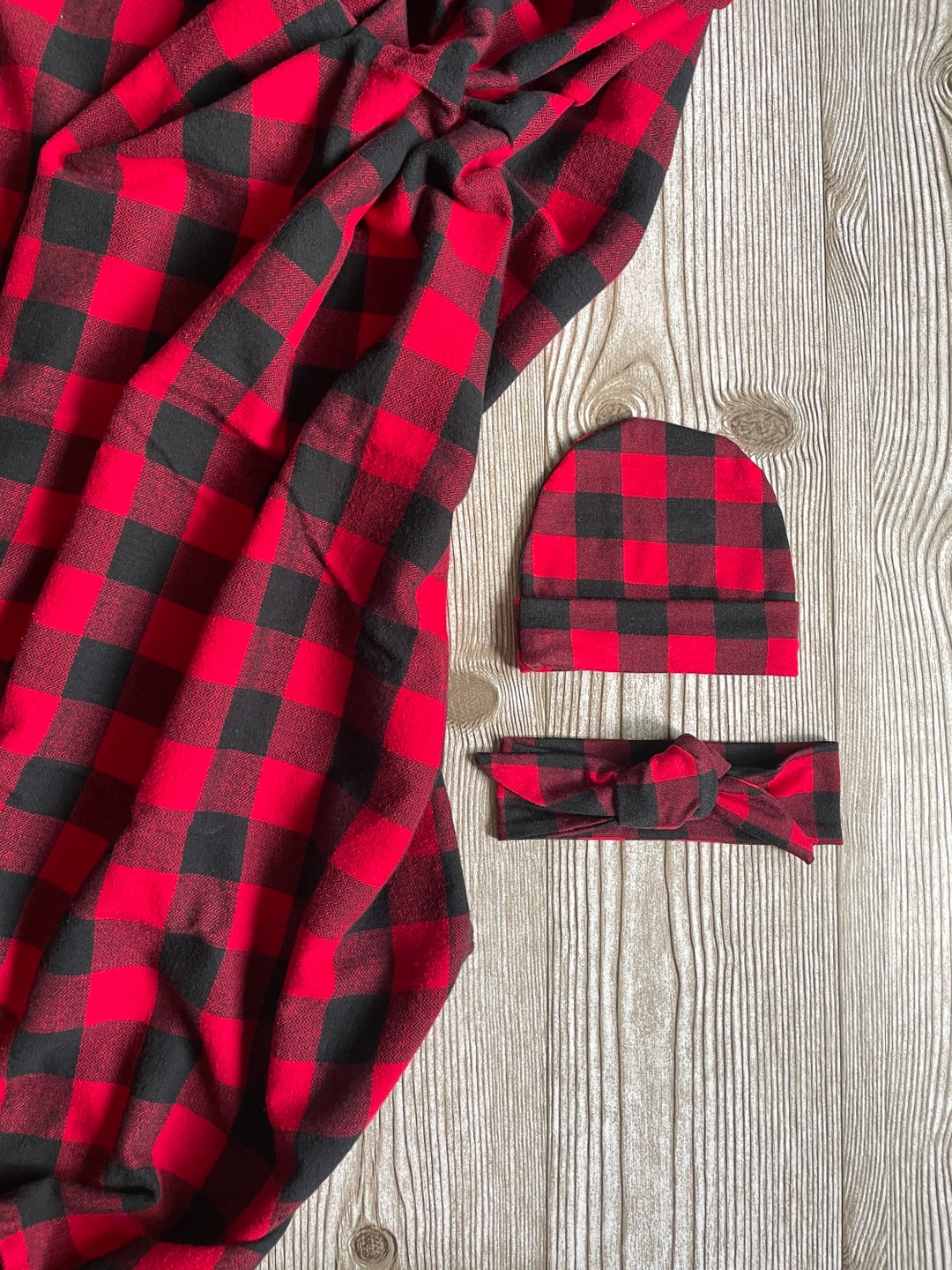 Buffalo Plaid Swaddle Set, Newborn Hat, Bow Headband, Receiving Blanket