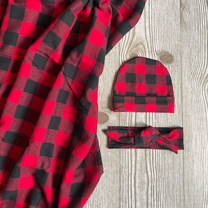 Buffalo Plaid Swaddle Set, Newborn Hat, Bow Headband, Receiving Blanket, Flannel Blanket, Christmas Swaddle Set, Christmas Baby, Red Plaid