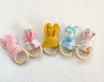 Baby Teether, Bunny Ear Teether, Baby Teething Ring, Baby Toy, Easter Basket Stuffer, Baby's First Easter, Wood Teether, Baby Shower Gift
