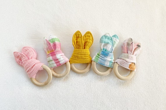 Baby Teether, Bunny Ear Teether, Baby Teething Ring, Baby Toy, Easter Basket Stuffer, Baby's First Easter, Wood Teether, Baby Shower Gift