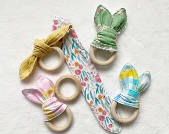 Bunny Ear Teether, Baby Easter Gift, Wooden Baby Teether, Bunny Teething Toy, Baby's First Easter, Baby Teething Ring, Easter Basket Stuffer
