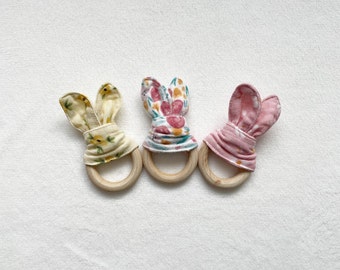 New Baby Girl Gift for Baby's First Easter, Wooden Baby Toys, Bunny Ear Teether, Easter Basket Stuffer, Teething Toy, Easter Baby Teether