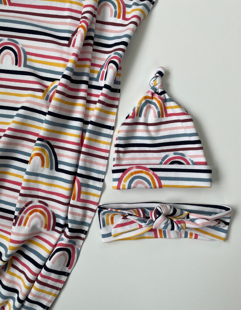 Rainbow Swaddle Set Stretch Knit Blanket TopKnot Hat Bow Etsy