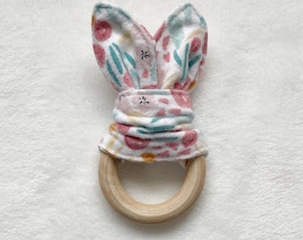 Wooden Bunny Teether, Baby Easter Basket, Baby's First Easter, Bunny Ears, Baby Bunny Toy, Bunny Toy, Gift for Newborn, Bunny Teething Ring