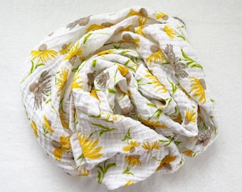 Gauze Baby Swaddle in Yellow Wildflower Floral, DOUBLE GAUZE SWADDLE, Muslin Swaddle, Receiving Blanket, Baby Girl, Floral Baby Swaddle