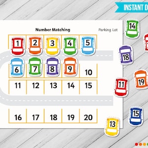 Number Matching Parking Lot Printable Worksheet, Match the Number, Count to 20, Busy Books, Number Learning, Printable Homeschool