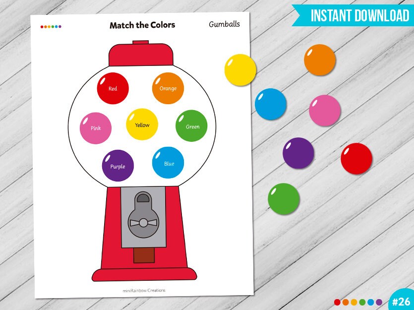 Gumball Color Matching Game Printable, Match the Colors, Preschool